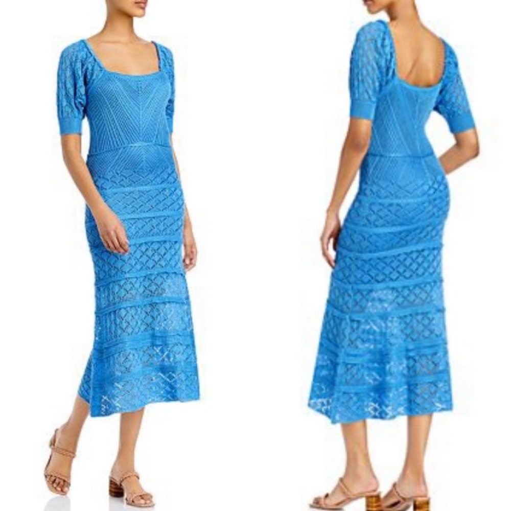 AQUA Puff Sleeve Crocheted Midi Dress